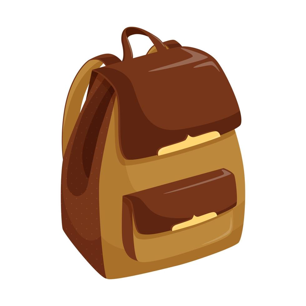 Women's brown and beige backpack. An accessory for storing and carrying personal items in everyday life and on vacation. A symbol of travel. Design element. Flat vector illustration. Isolated on white