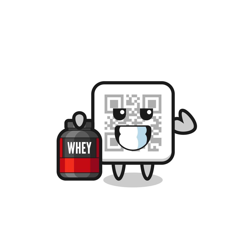 the muscular qr code character is holding a protein supplement vector