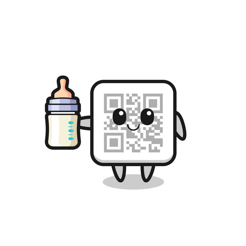 personaje de dibujos animados de código qr de bebé con botella de leche vector