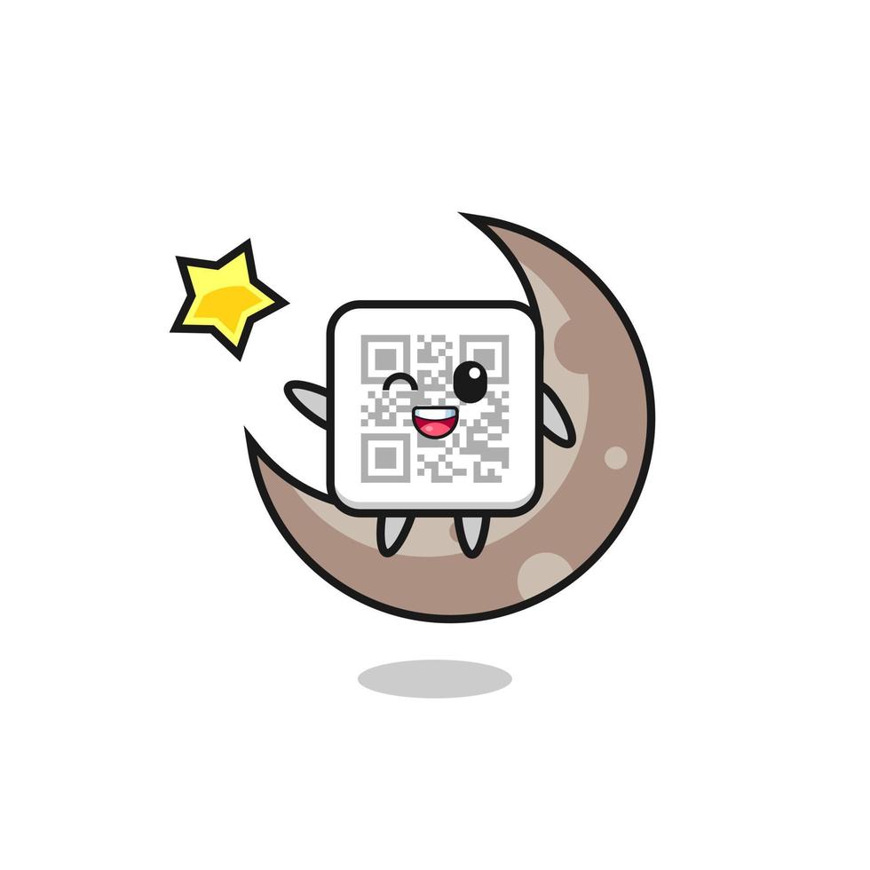 illustration of qr code cartoon sitting on the half moon vector