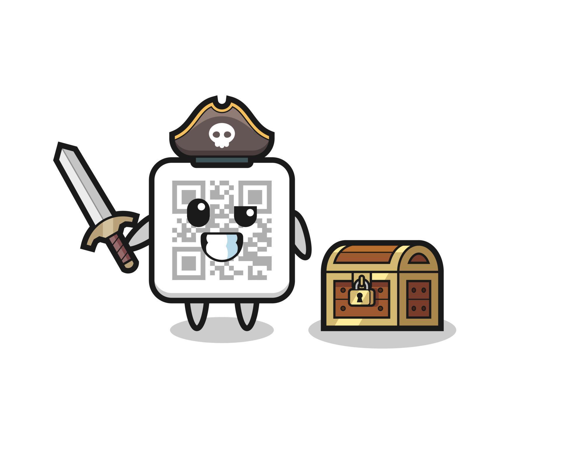 the qr code pirate character holding sword beside a treasure box
