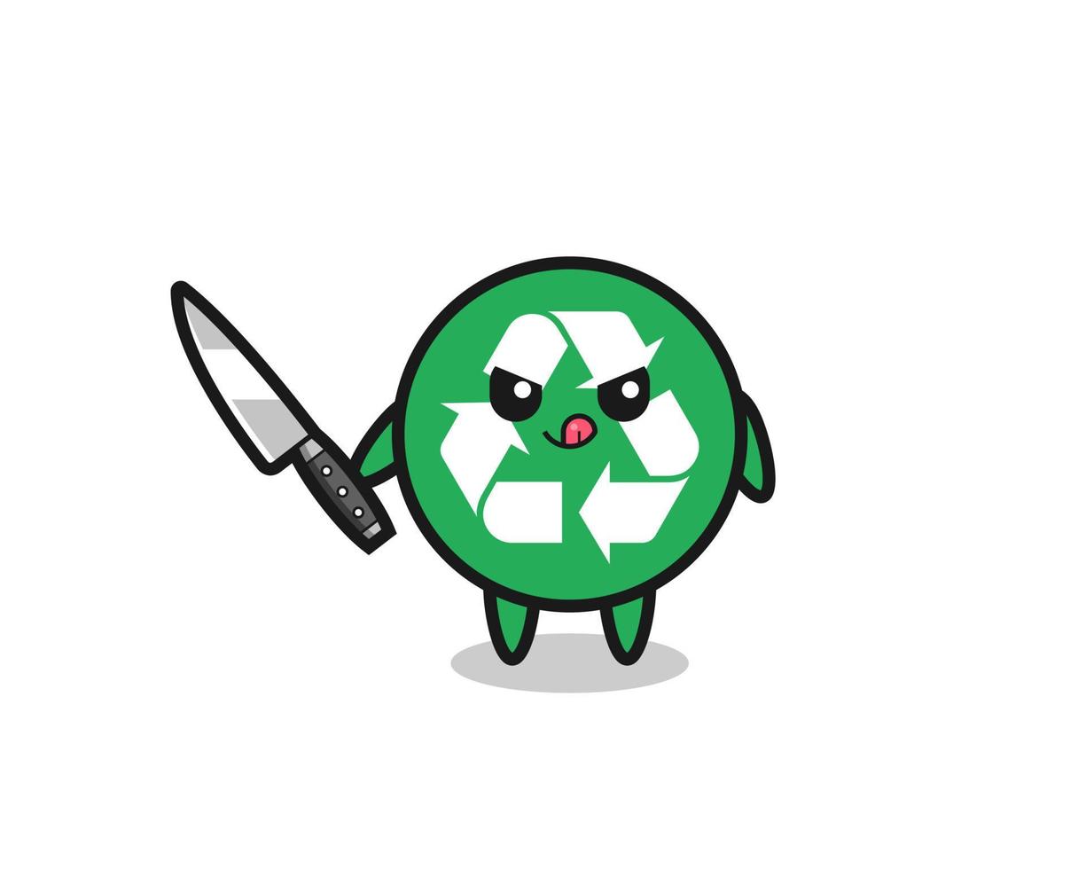 linda mascota de reciclaje como psicópata sosteniendo un cuchillo vector
