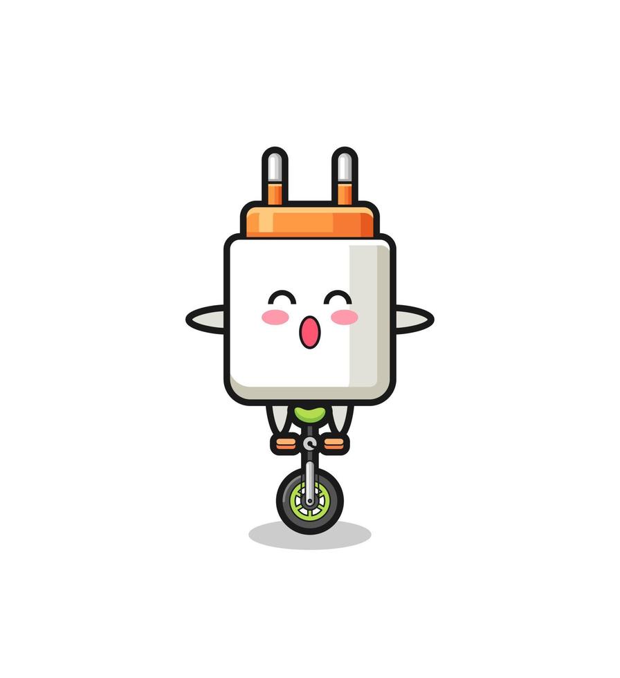 el lindo personaje del adaptador de corriente está montando una bicicleta de circo vector