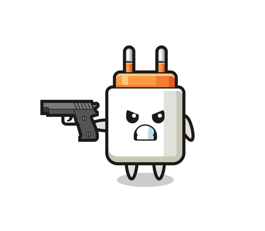 the cute power adapter character shoot with a gun vector