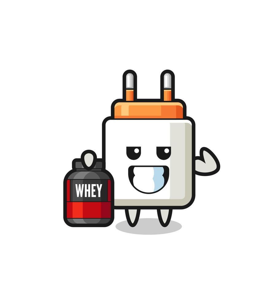 the muscular power adapter character is holding a protein supplement vector