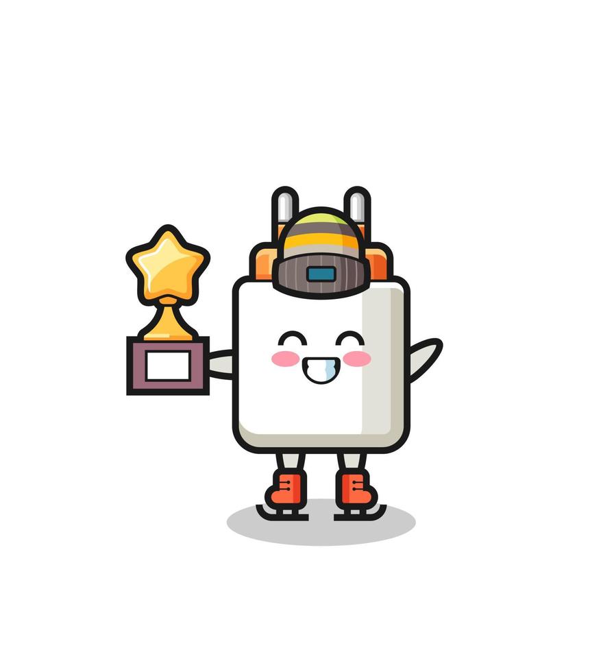 power adapter cartoon as an ice skating player hold winner trophy vector