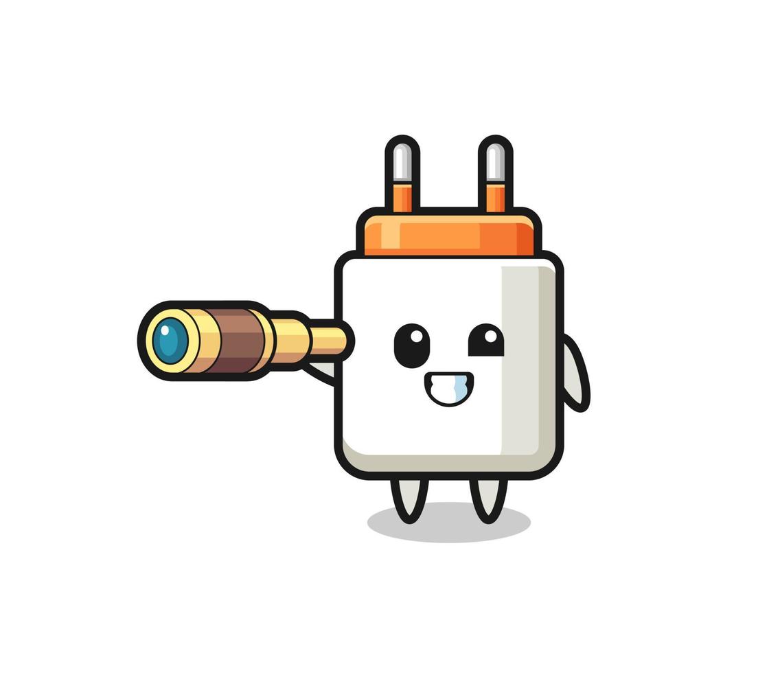 cute power adapter character is holding an old telescope vector