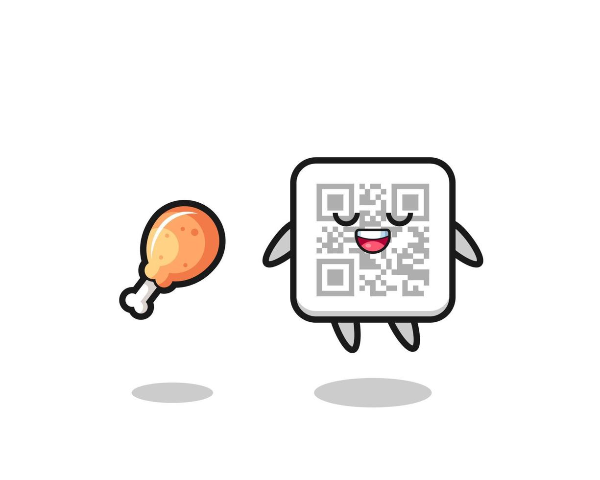 cute qr code floating and tempted because of fried chicken vector