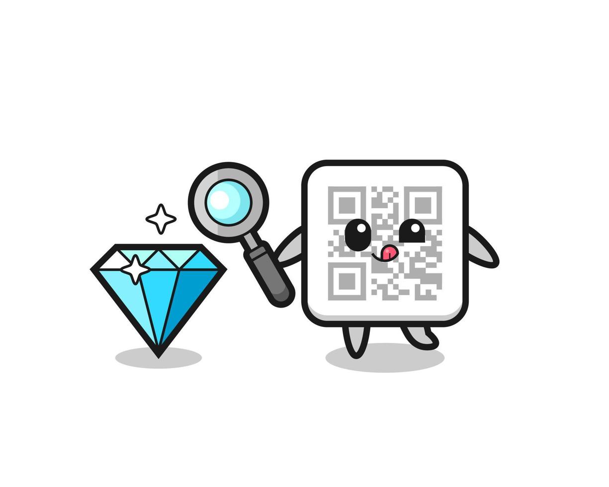 qr code mascot is checking the authenticity of a diamond vector