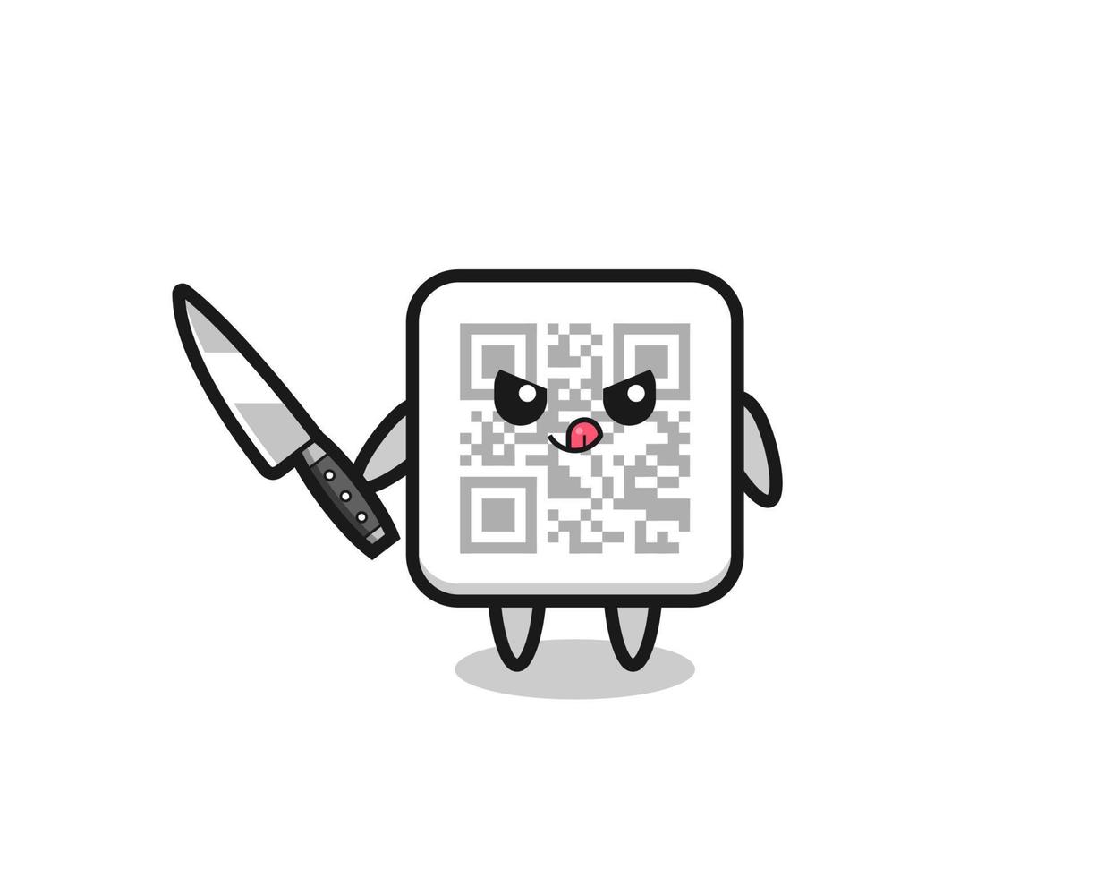 linda mascota de código qr como psicópata sosteniendo un cuchillo vector