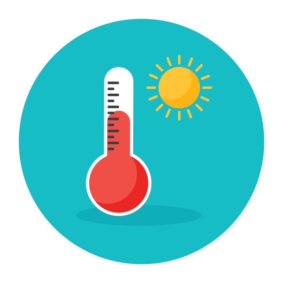 diseño plano de sol con termómetro, icono de clima cálido vector