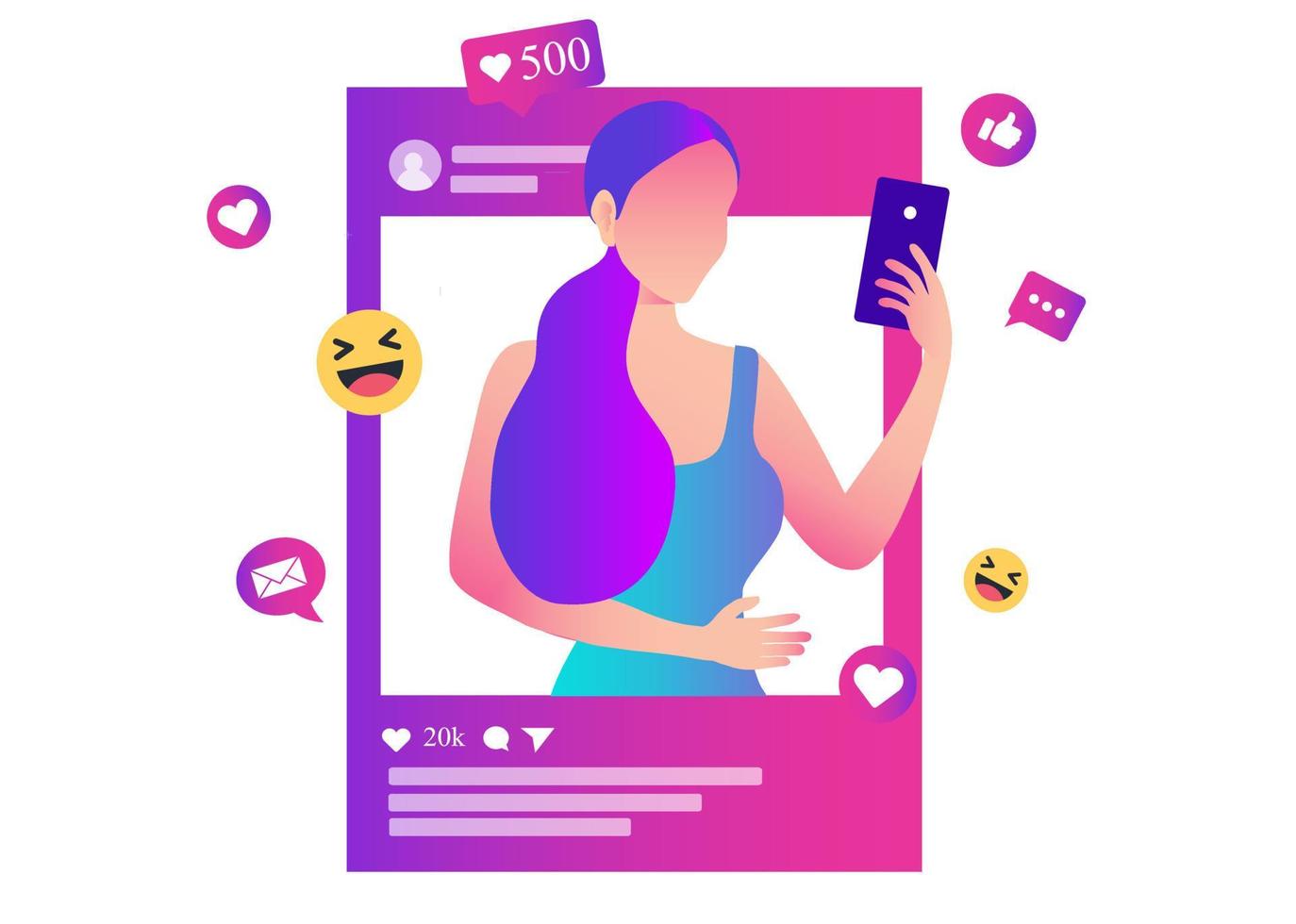 Beautiful woman holding smartphone with social media icons. Influencer social media marketing, blogger, vlogging, social influencer and influencer marketing concept vector illustration