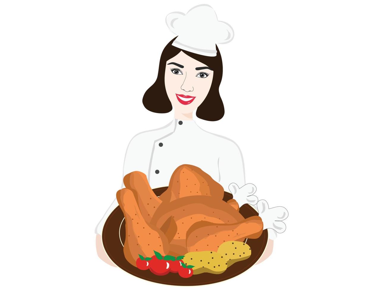 hermosa mujer pollos con pollo, tomates y patatas plato aislado ilustración vectorial. fondo de cocina de comida vector