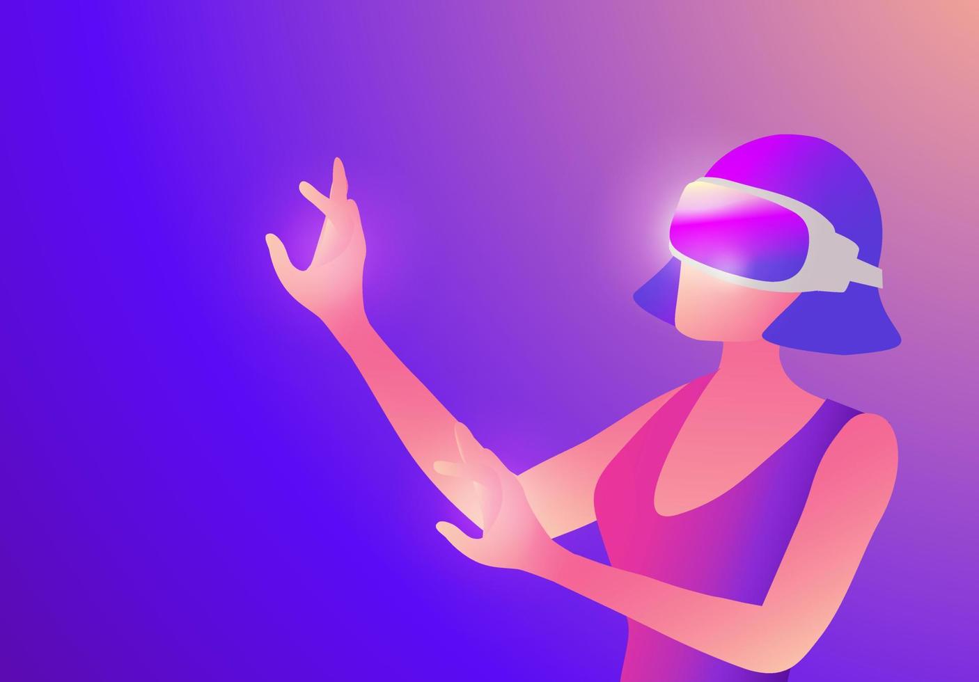 Woman wearing virtual reality goggle glass, having 3d experience in virtual reality  vector illustration. Metaverse and blockchain 3D experience technology concept
