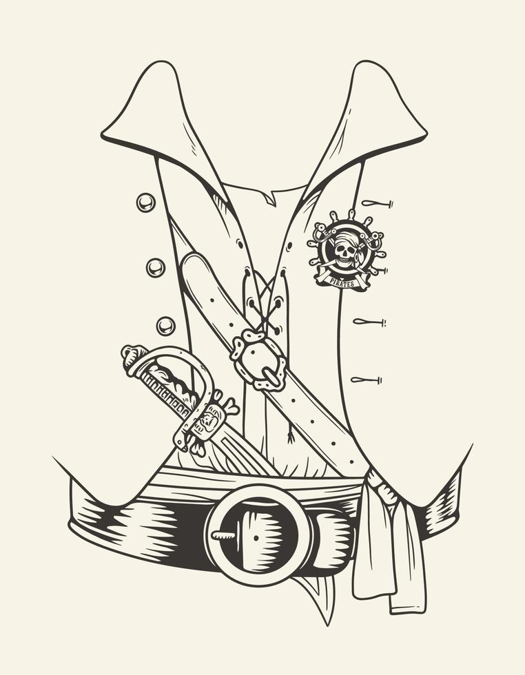 Vintage Pirate shirt costume suit. Hand drawn vector line art