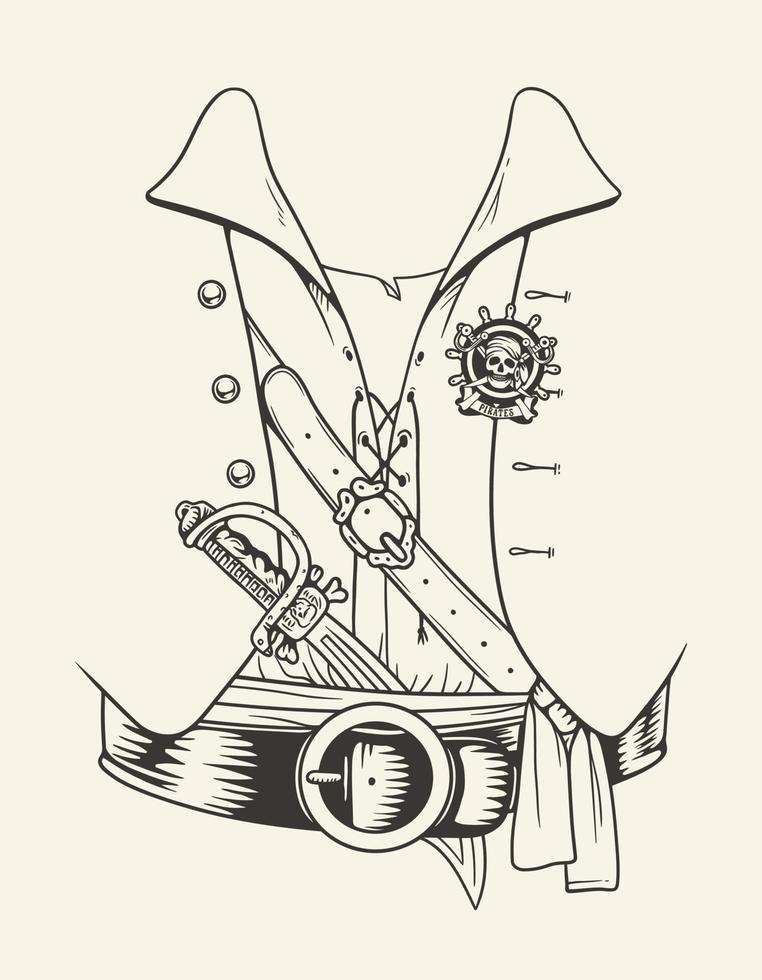 traje de traje de camisa pirata vintage. arte de línea vectorial dibujado a mano vector