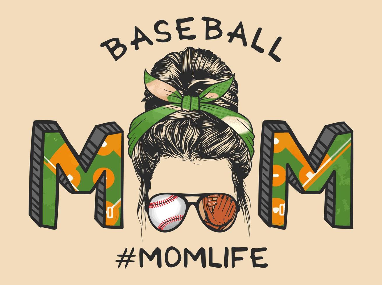 Mom life with messy bun hairstyle with Baseballs headband and glasses, hand drawn vector illustration