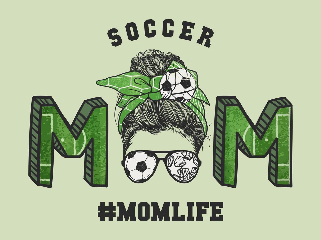 Mom life with woman messy bun hairstyle with soccer headband and glasses, hand drawn vector illustration