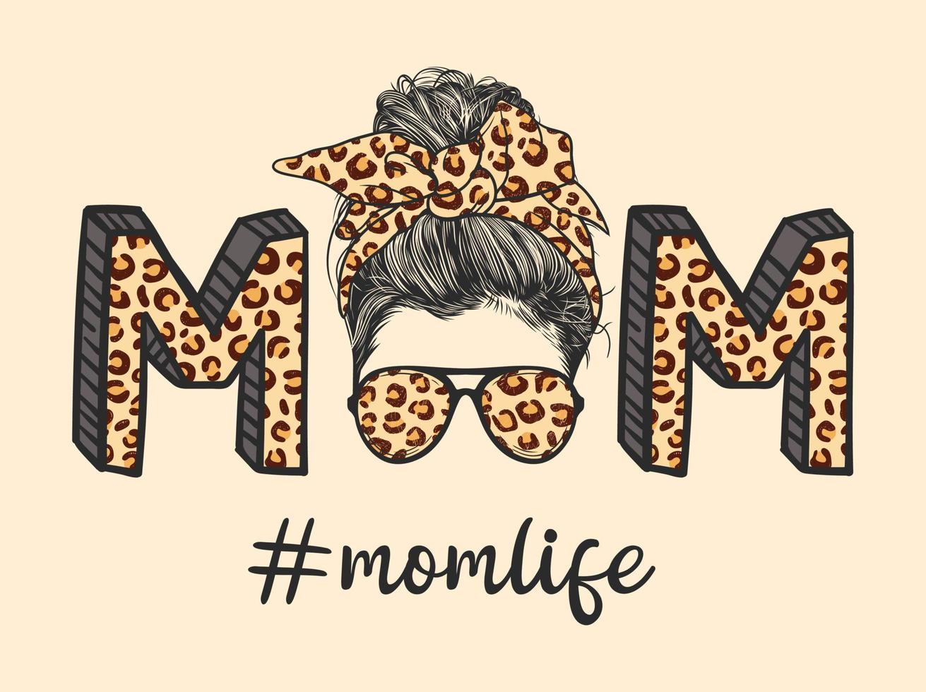 Mom life with messy bun hairstyle with leopard pattern headband and glasses hand drawn vector illustration