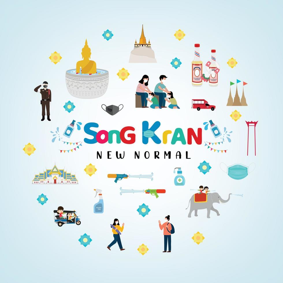 festival songkran 2021. concepto nueva normalidad. los tailandeses luchan contra el concepto de virus. la gente usa mascarilla durante covid-19 vector