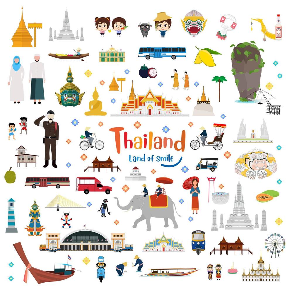 Great of Thailand and Golden Grand Palace, Lifestyle, Landmarks, Buddhism, Transportation in flat style vector