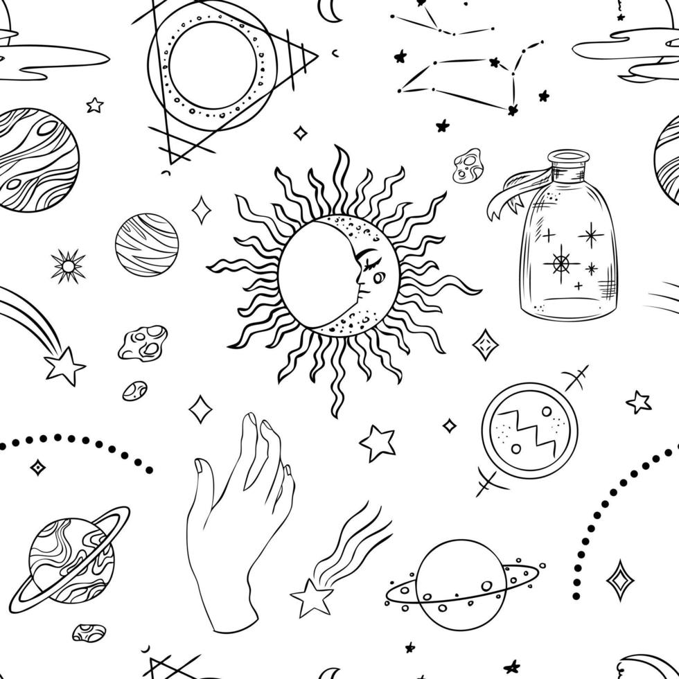 Esoteric symbols with the moon and the sun. Celestial signs. Vector illustration in hand drawn style.