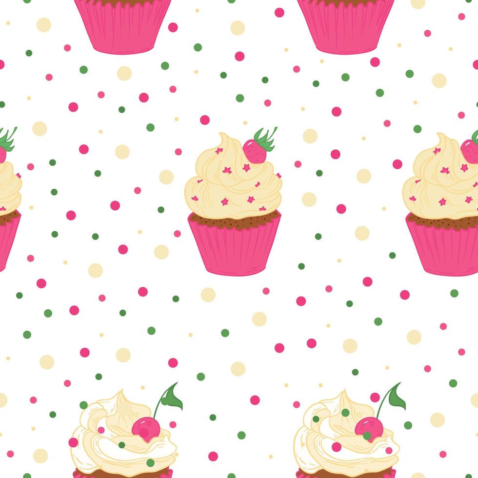 ilustración vectorial de patrones sin fisuras con cupcakes. patrón de horneado dulce para tela o embalaje. vector