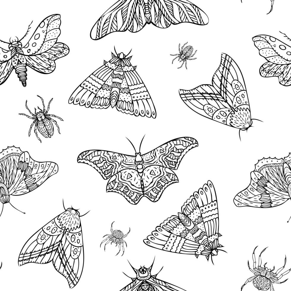 Seamless pattern of vector night butterflies and spiders. Hand drawn illustration. Black and white background.