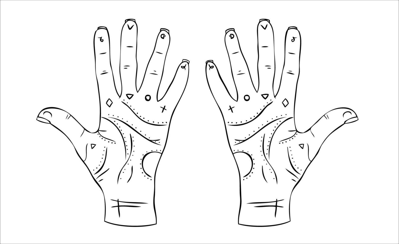 Hand reading is a concept of palmistry. Hand with signs vector illustration