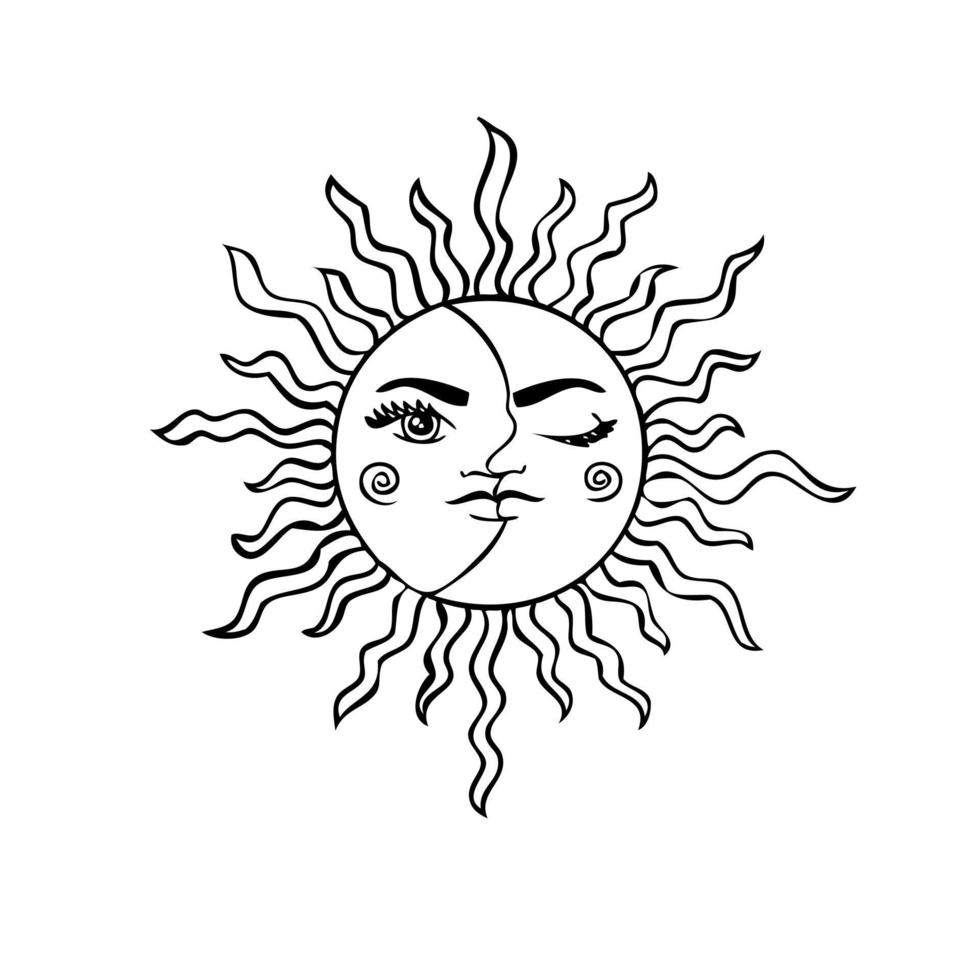 Esoteric symbols of the sun and moon with a face. Celestial signs. Vector illustration in hand drawn style