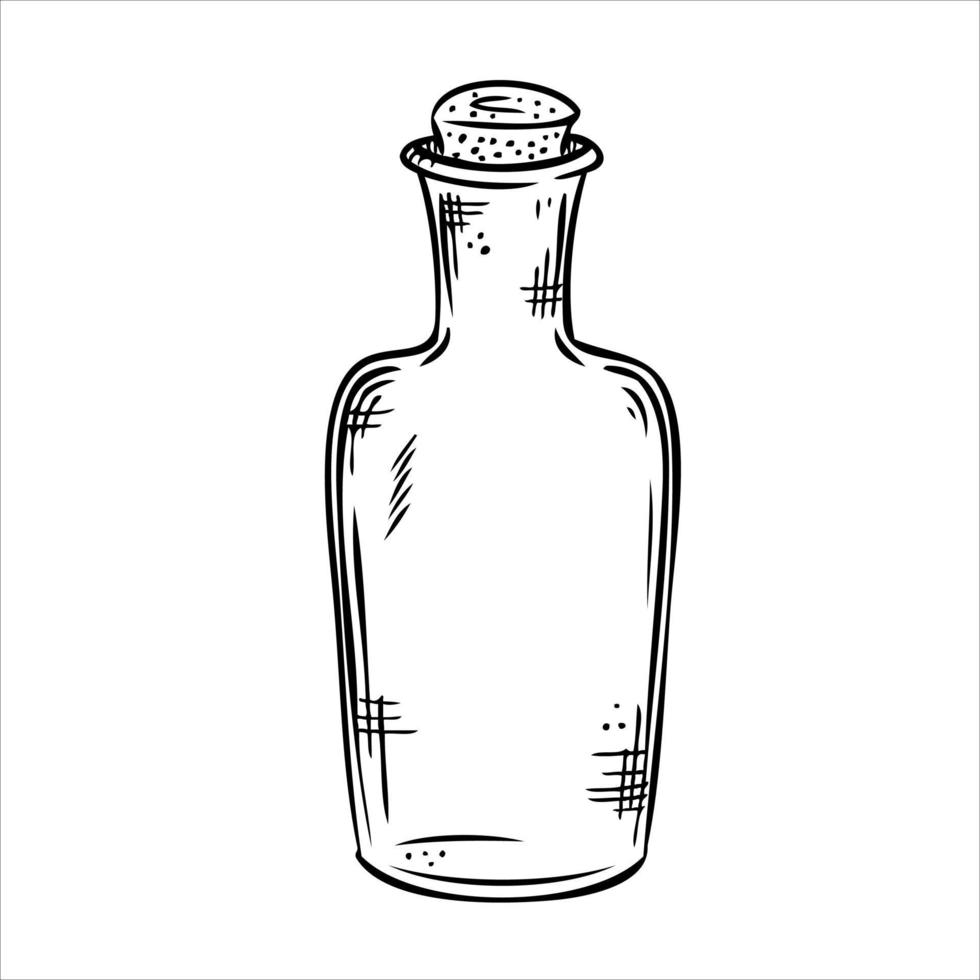 Isolated vector bottle. Line art empty transparent glass vial, bottle, jar