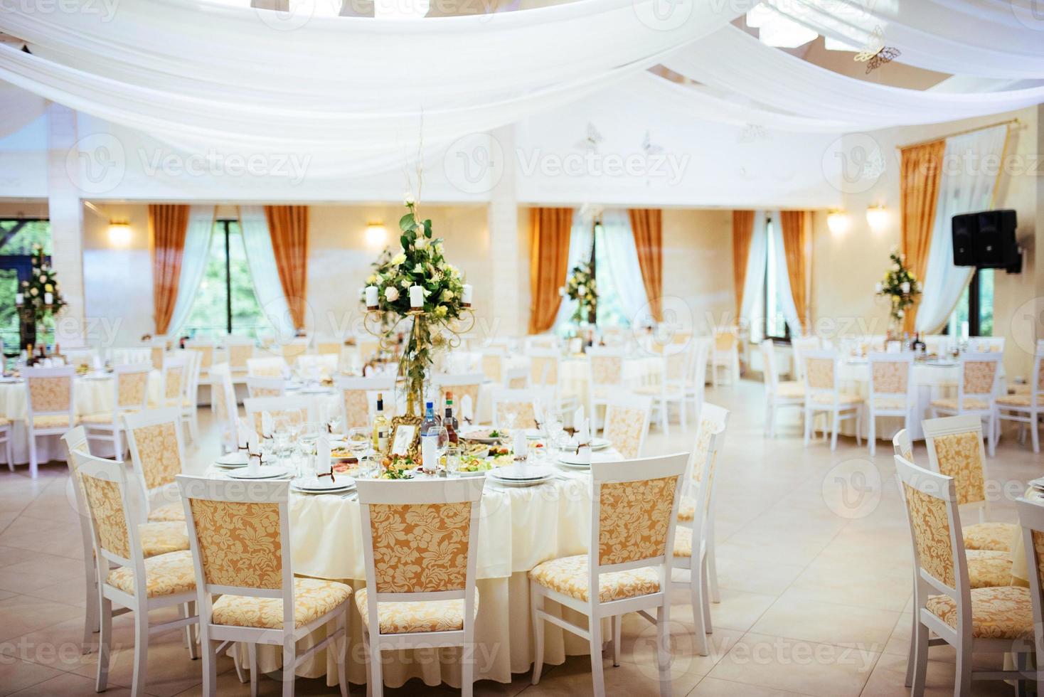 Interior of a wedding tent decoration ready for guests photo