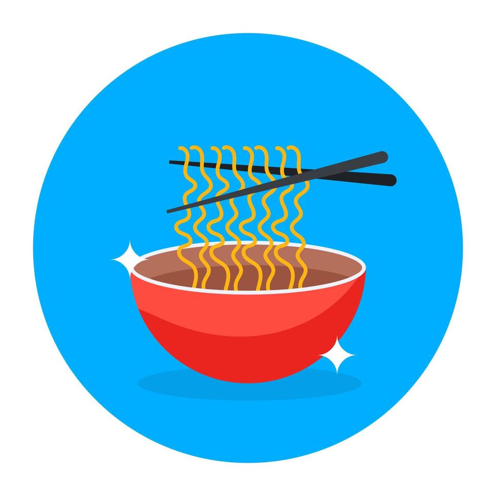 Cooked noodles in bowl with chopsticks, chinese food in flat rounded style vector