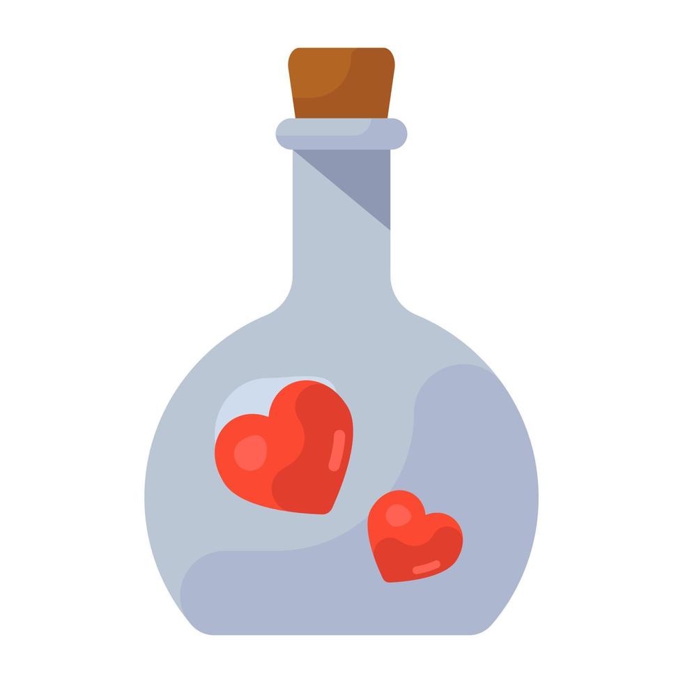 Glass flask flat with hearts, flat icon of love potion vector