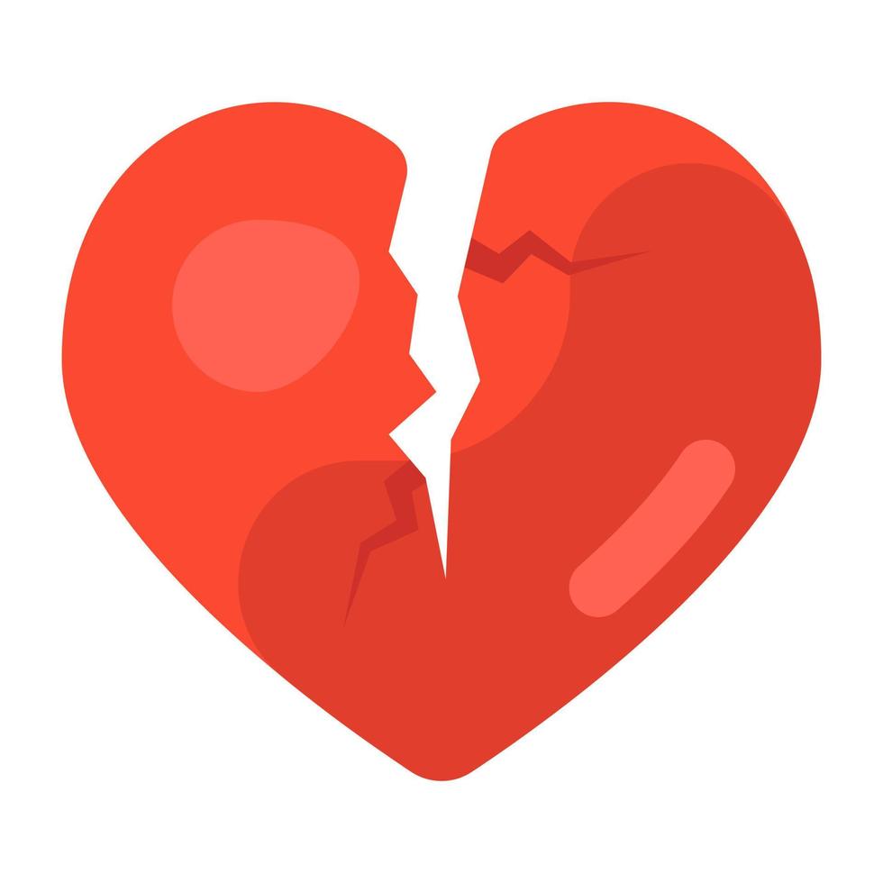 amor destrozado, icono de corazón roto en estilo plano vector