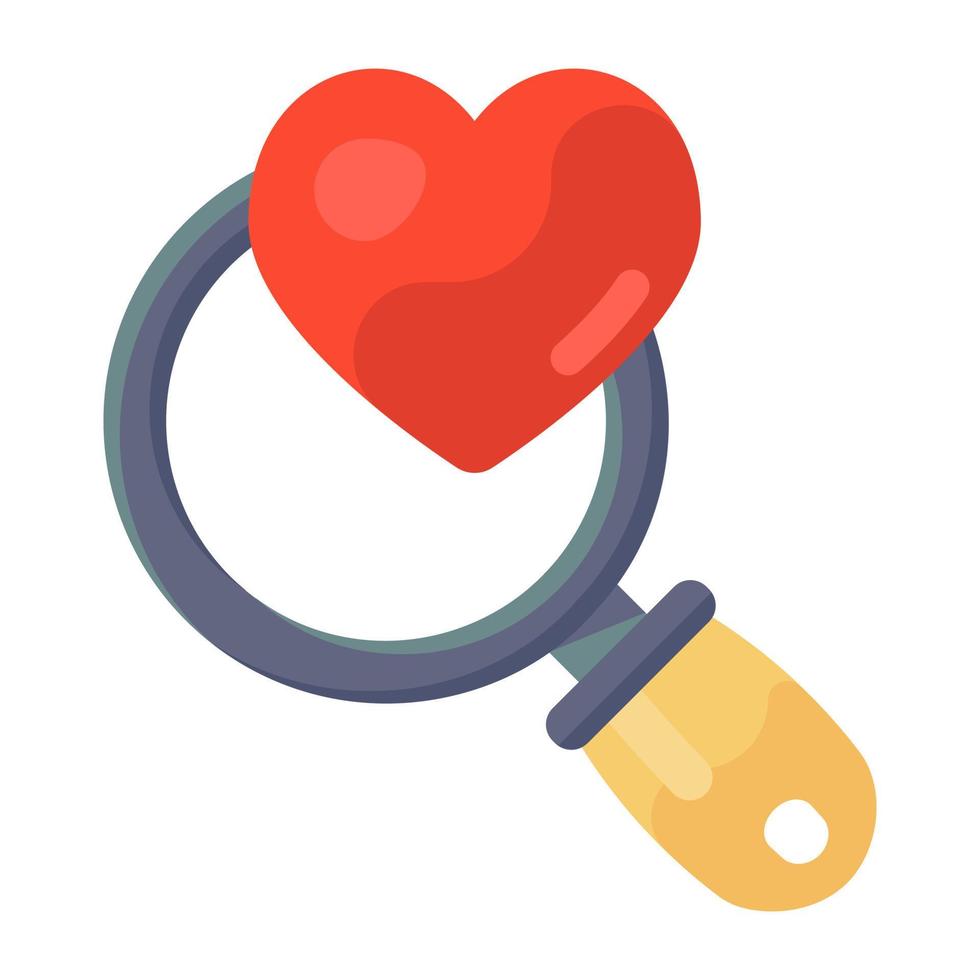 Searching passion inside magnifier glass, flat icon of finding love vector