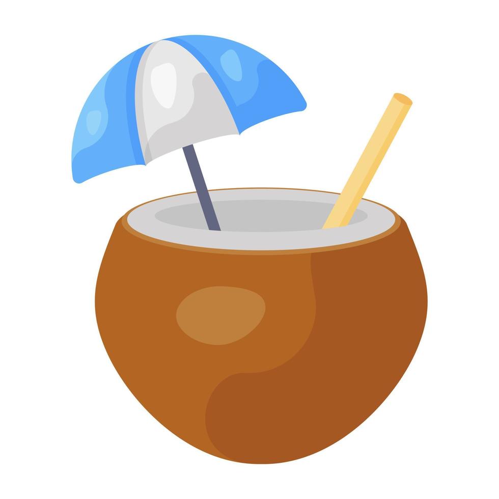 bebida refrescante junto a la playa tropical, icono de estilo plano de jugo de coco vector