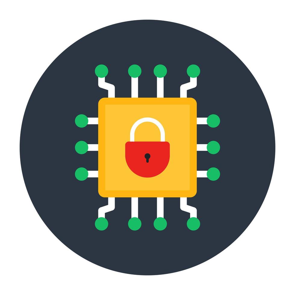 Safe processor, padlock inside microchip vector