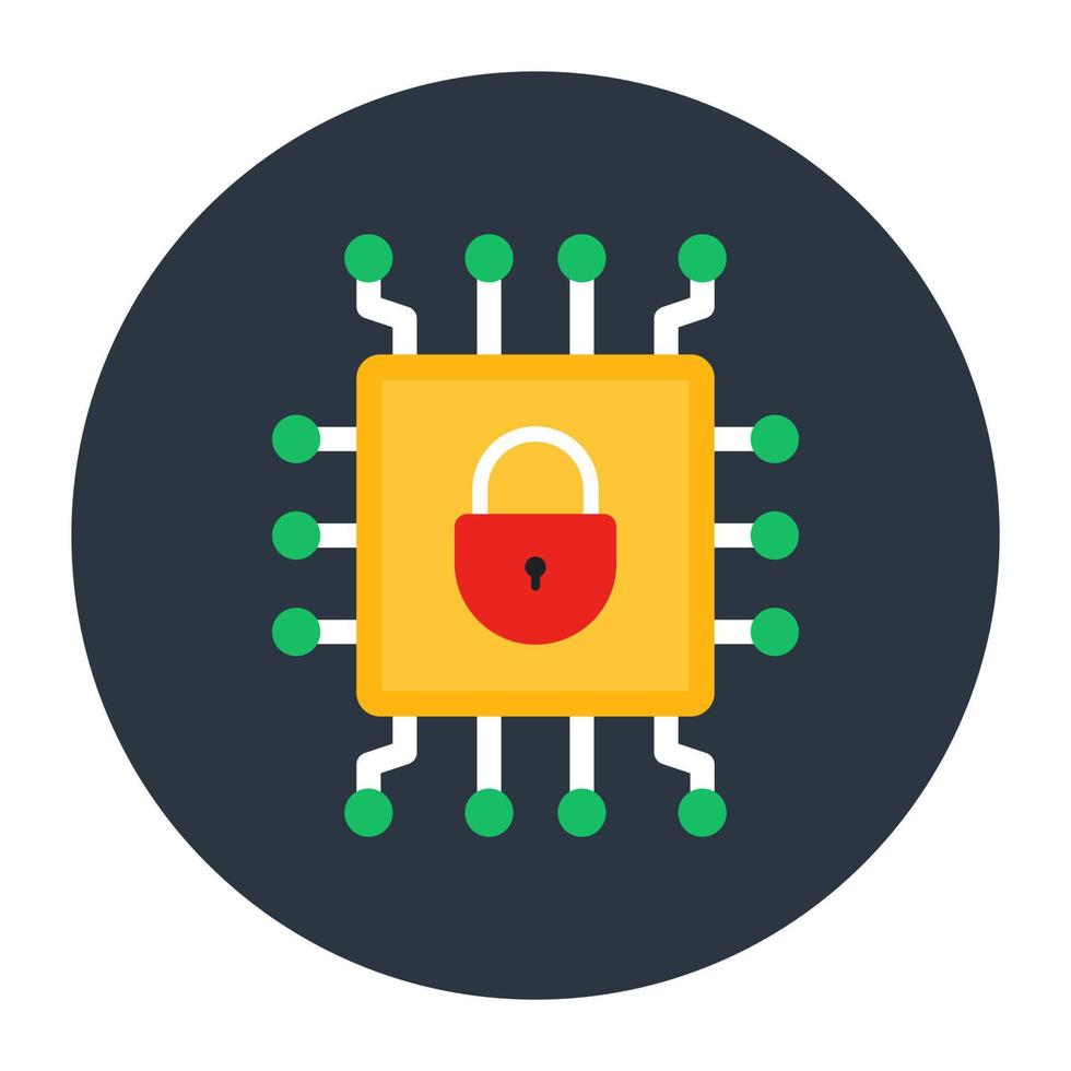 Safe processor, padlock inside microchip vector