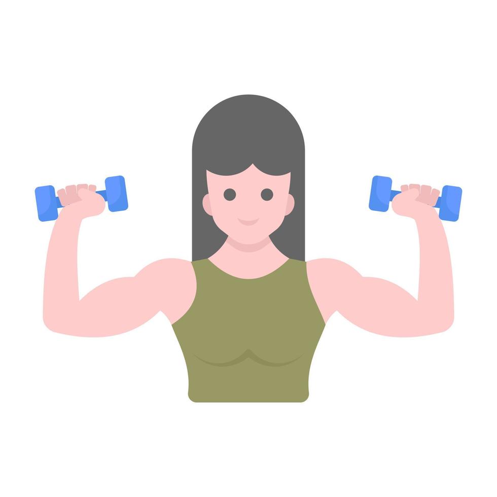 Female workout flat trendy vector showing woman avatar holding dumbbells