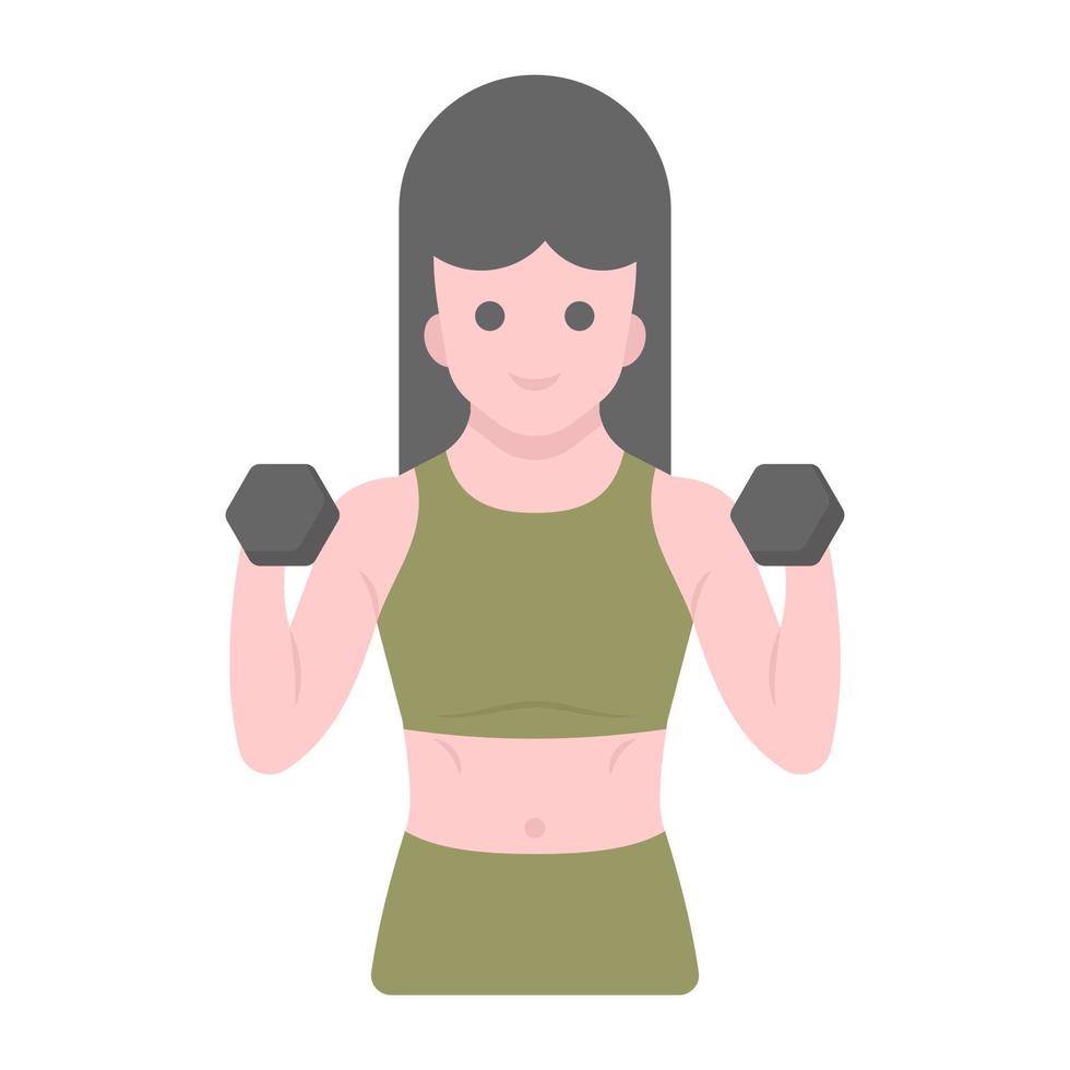 Female workout flat trendy vector showing woman avatar holding dumbbells
