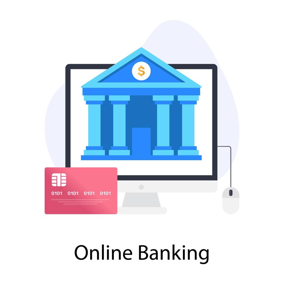 Bank building inside monitor, online banking icon vector