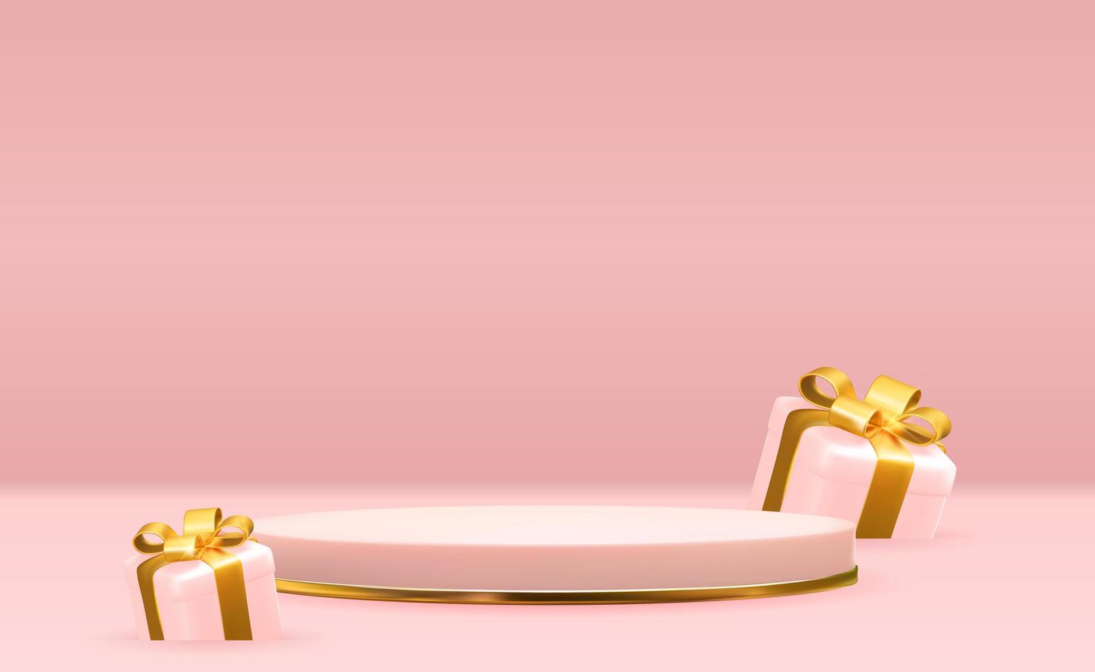 Rose gold pedestal over pink pastel natural background with 3D gift box. Trendy empty podium display for cosmetic product presentation, fashion magazine. Copy space vector illustration