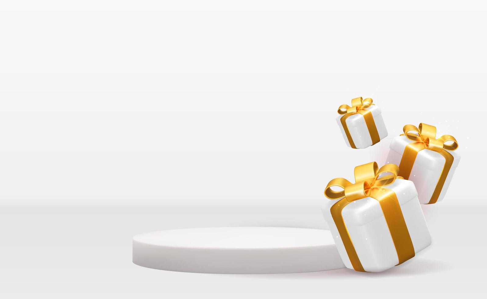 Realistic 3d white pedestals with gift boxes over white background. Copy space vector illustration