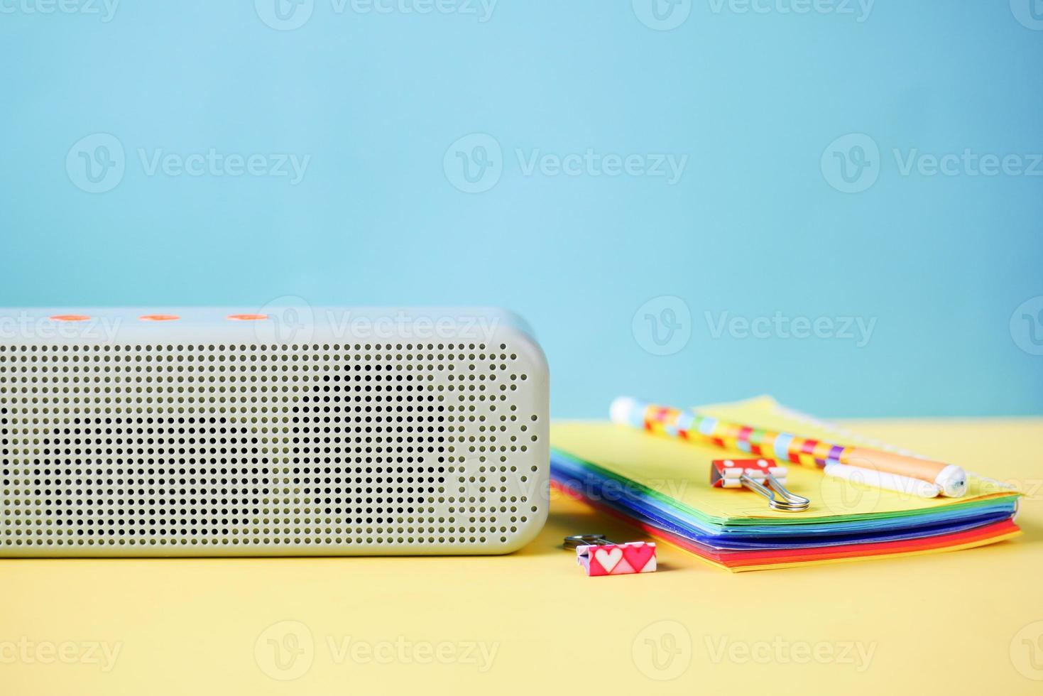 smart speaker and keyboard with copy space on white background photo