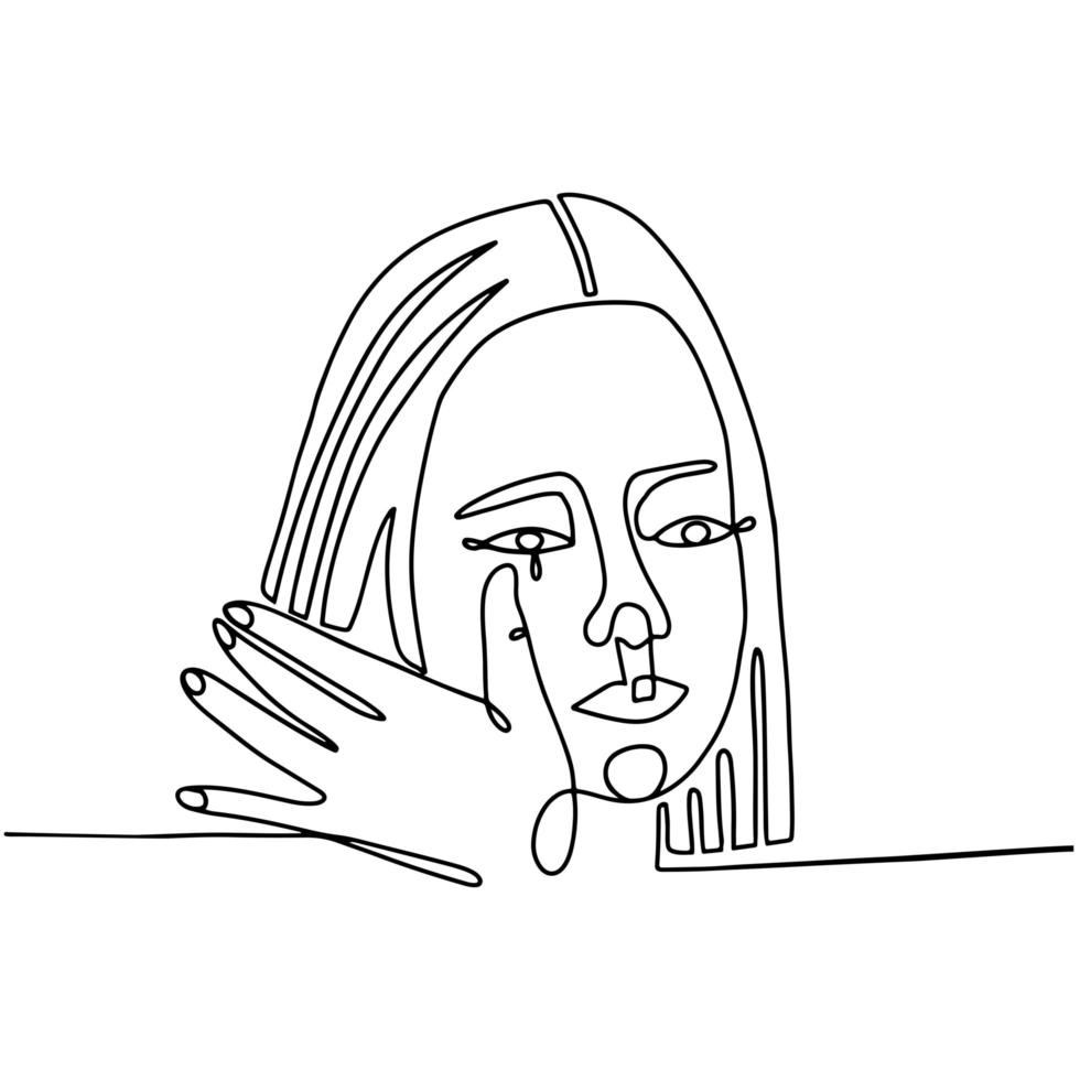 Sad female face in continuous line style. Continuous line drawing of sad woman face, tears on the face drawn in one line. Portrait of crying woman face portrait. Vector linear hand drawn illustration.