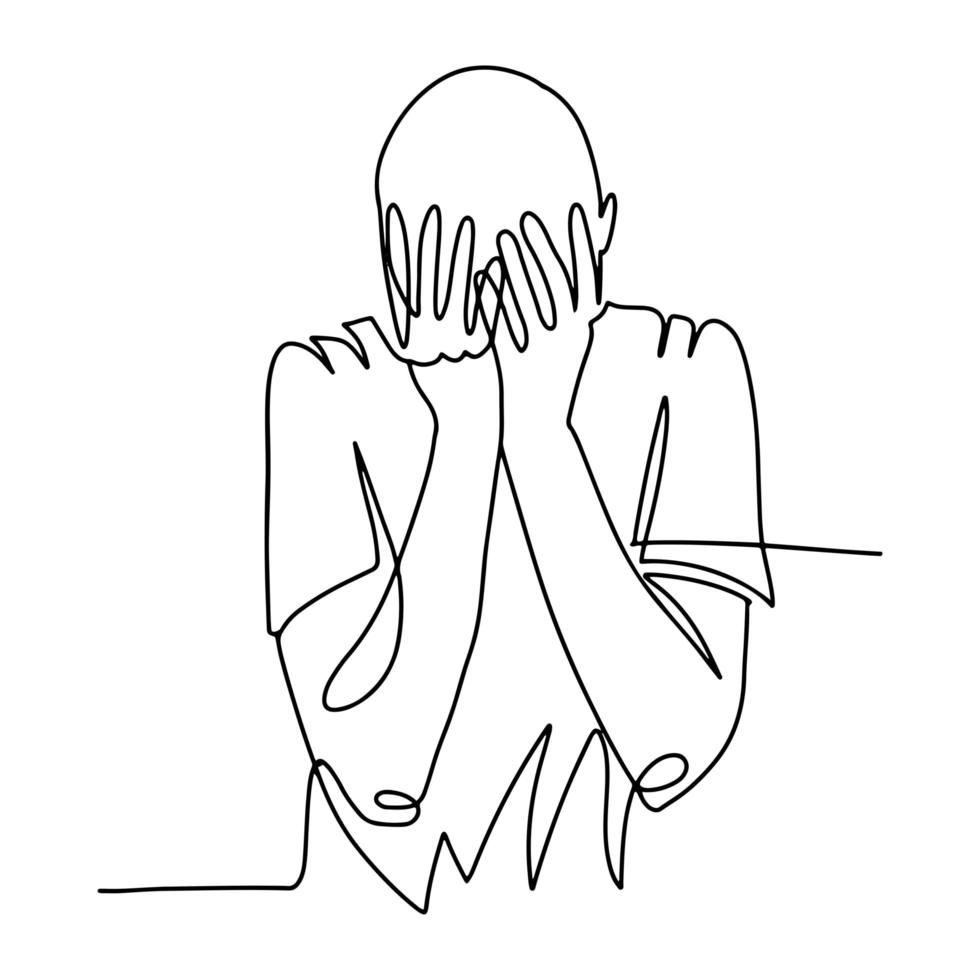 Continuous line drawing of man in despair. Male crying character. Vector linear hand drawn illustration.