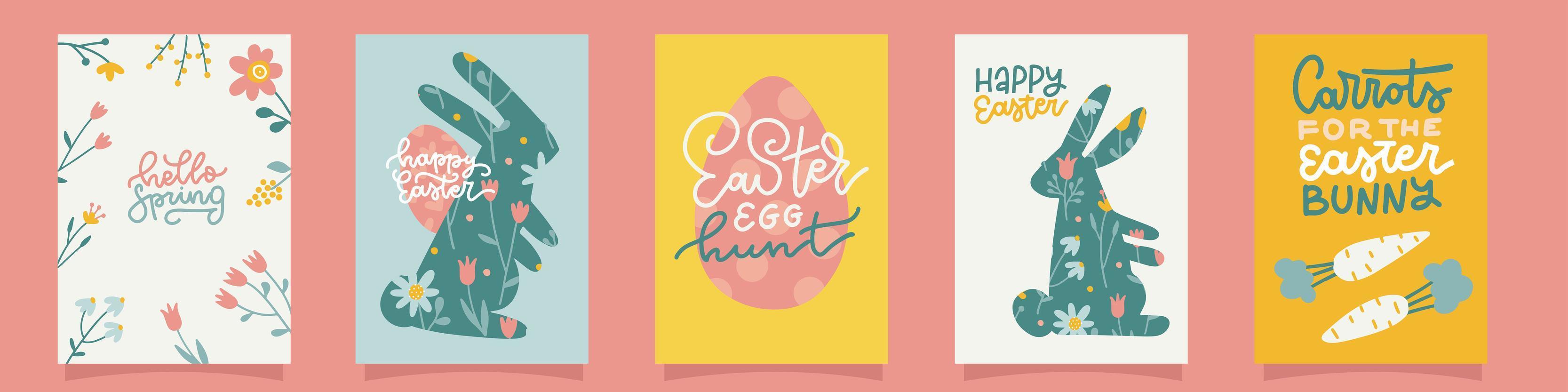 5 Easter card templates set. Rabbit, flowers,carrots and Easter eggs. Flat hand drawn vector illustration or greeting card, invitation, poster and flyer.