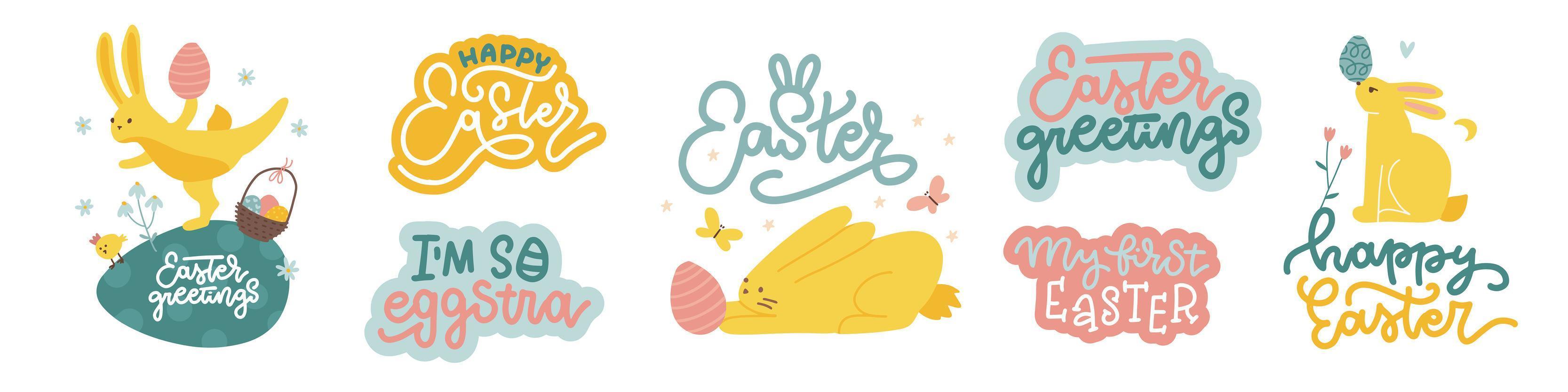 lindo conjunto de personajes de conejo de pascua y composiciones decorativas de primavera - conejitos, huevos, citas de letras aisladas en fondo blanco. vacaciones coloridas habían dibujado ilustración vectorial plana. vector