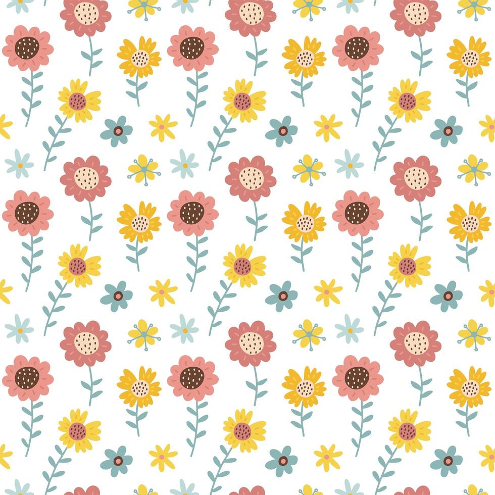 Folk seamless pattern with spring flowers, leaves and branches. Vector background for various absract surface. Trendy hand drawn texture. Flat vector hand drawn illustration.